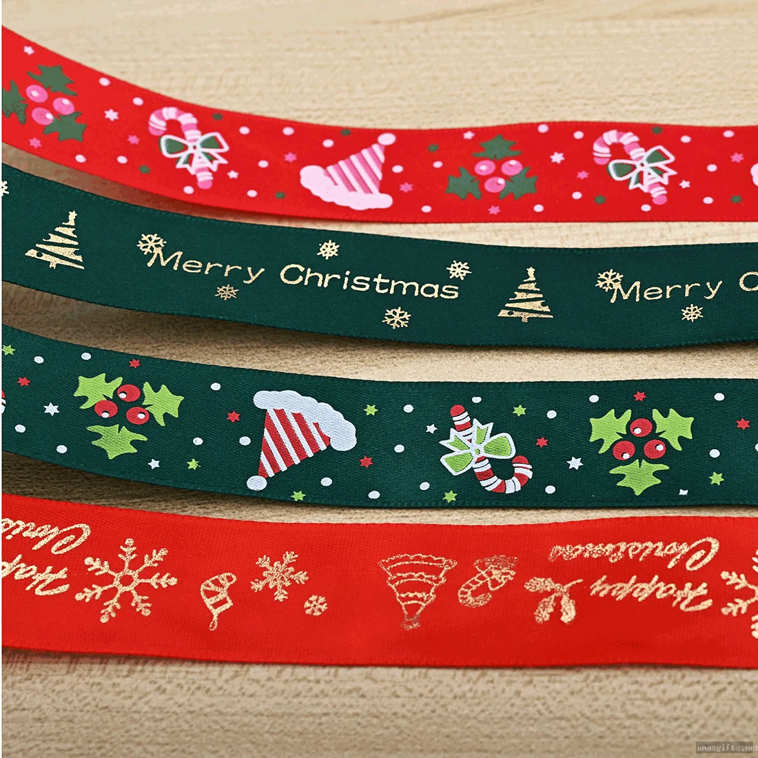 Gold Foil Printed Christmas Woven Ribbon Gift Bouquet Packaging Bow Decor