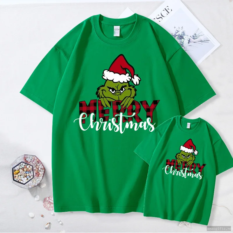Grinch Merry‑Christmas Printed Cotton Short‑sleeve T‑shirt Casual Holiday Party Tee