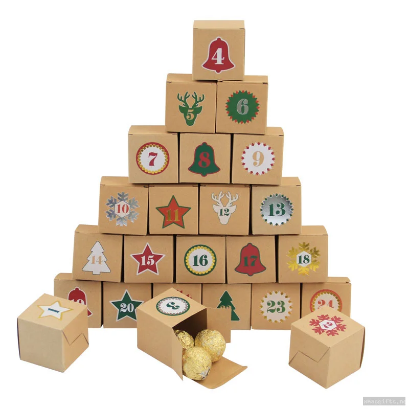 Kraft Paper 5*5*5cm Christmas Advent Calendar Box Set, 1-24 Square Numbered Candy Gift Boxes