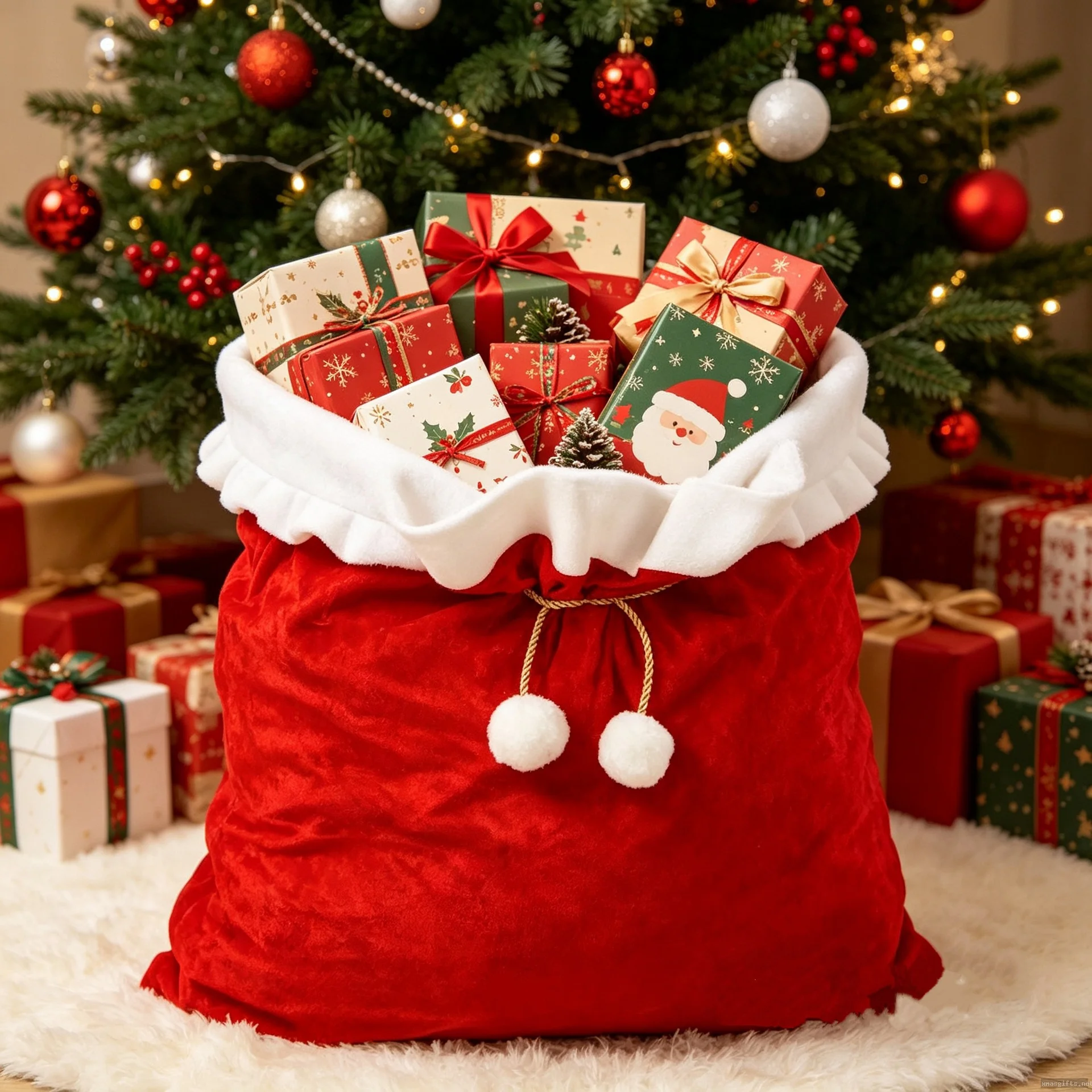 Large Drawstring Christmas Gift Bag, Fuzzy Trim Pom Pom Santa Candy Pouch Wholesale