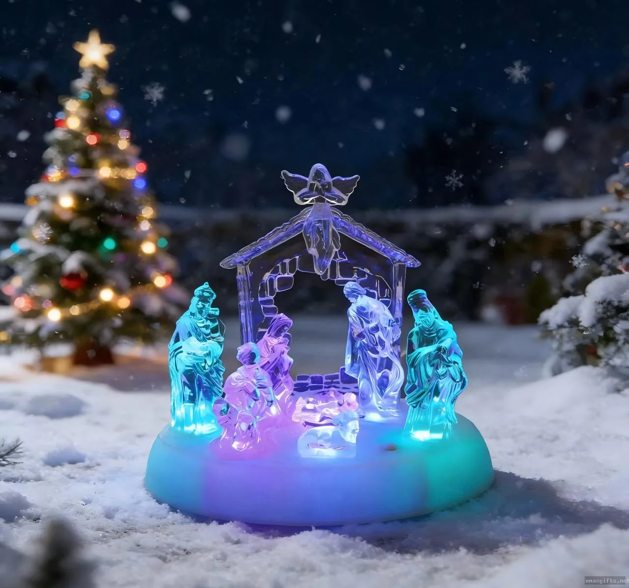 LED Light‑Up Acrylic Nativity Manger Scene Statue, Color‑Lit Holy‑Family Christmas Window Decor
