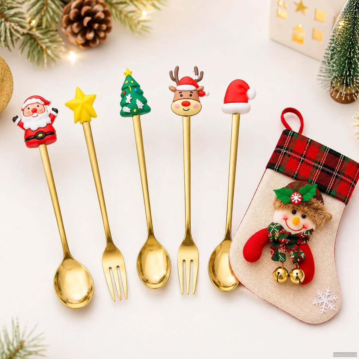 Personalize Cute Christmas Stainless Steel 4pcs Cutlery Set, Santa Snowman Tree Star Mini Spoon & Fork With Plaid Snowman Stocking Gift Pouch