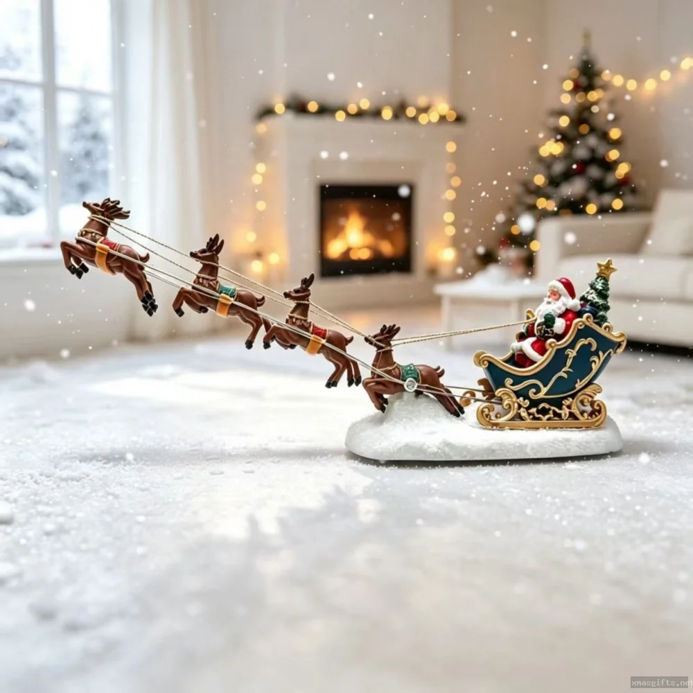 Resin Light Up Santa & Reindeer Sleigh Figurine, Christmas Tabletop Decoration