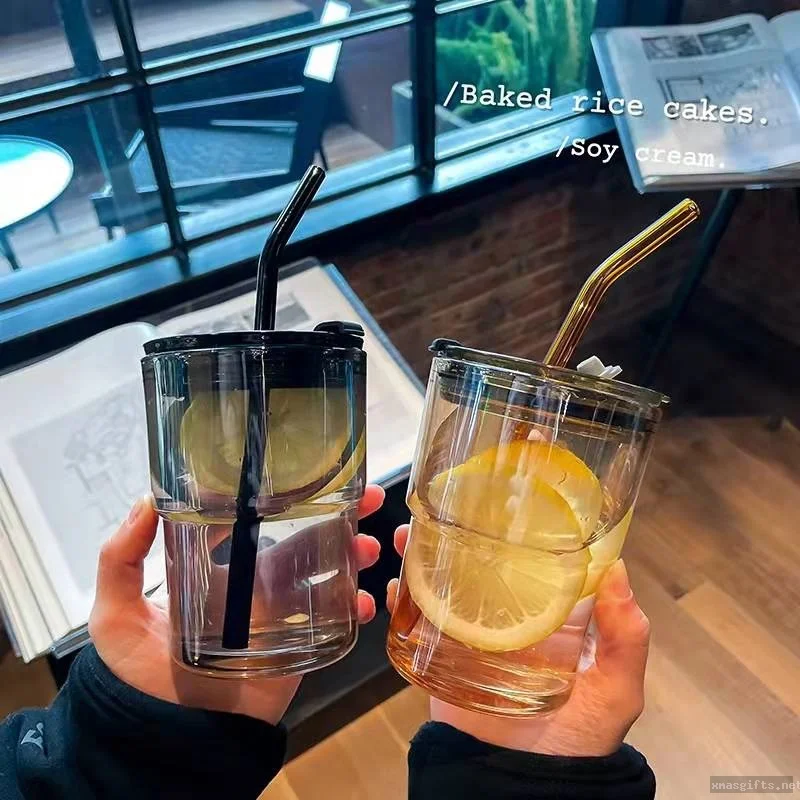 Reusable Glass Coffee Cup with Leather Sleeve & Straw Portable Iced Coffee Tumbler for Travel & Office Xmas Gifts with Logo