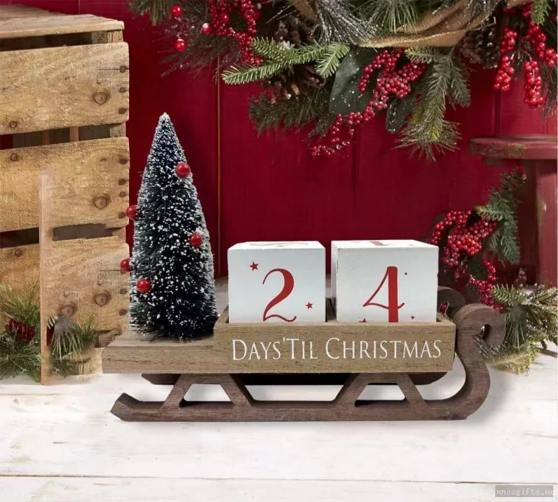 Calendario de Adviento de madera con trineo de Santa Claus: adorno de escritorio para la cuenta regresiva navideña