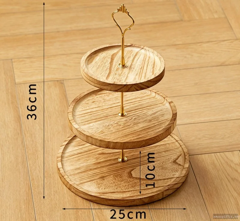 Paulownia wood  Dessert Stand Golden‑handle Fruit Snack Serving Tray Xmas Holiday Party Food Display Holder