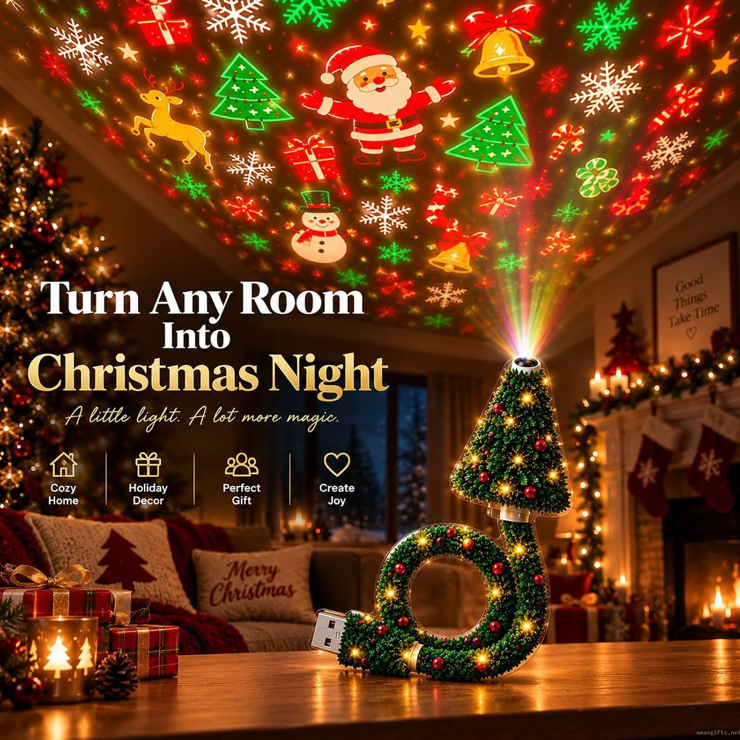 USB Christmas Tree Projection Light, 6 films Creative Xmas Projector Lamp for Indoor Holiday Party Decor
