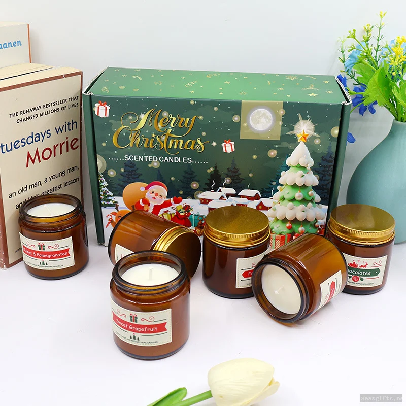 Xmas Amber Glass Scented Candle Gift Set Smokeless Indoor Fragrance Favor 6pcs Gift Box